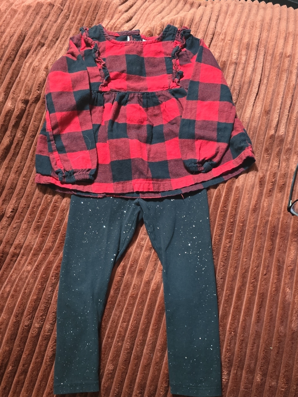 Carter's Red and Black Buffalo Plaid Top with Black Sparkle Leggings